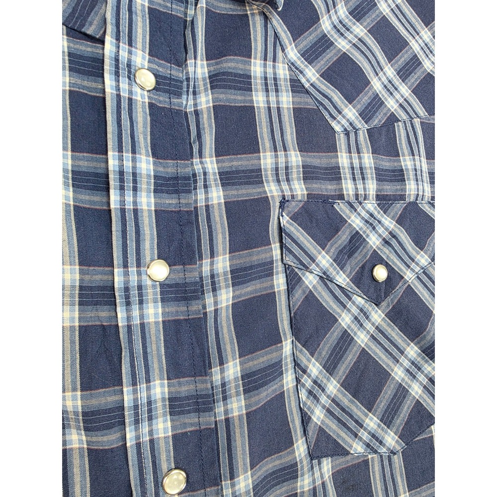 MWG Apparel Mens XL Short Sleeve Western Pearl Snap Plaid Shirt Navy Blue White - Picture 4 of 8